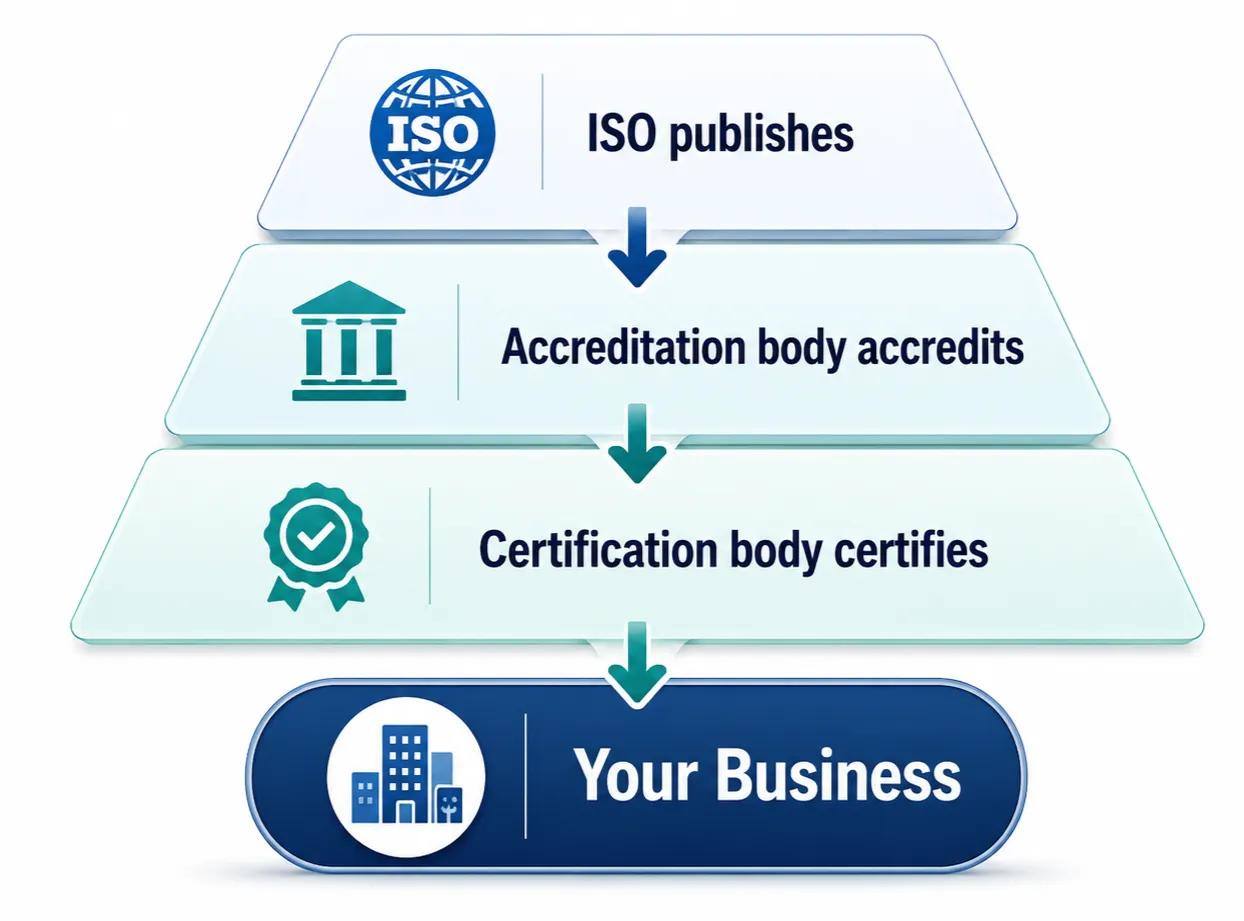 Accredited ISO 42001 certification body 3-layer trust model showing ISO, accreditation body, certification body and organization
